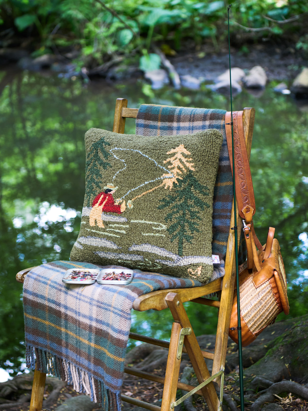 Fly Fisherman Hooked Wool Square Pillow