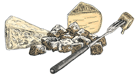  Illustration of a cheeses and bread chunks with a fondue fok on a transparent background 