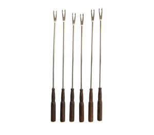  Set of six fondue forks with wooden handles on a white background 