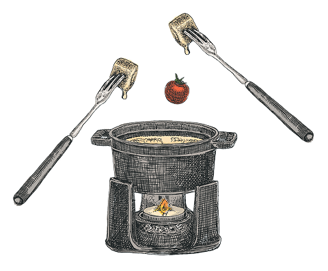 Illustration of a fondue set with two forks and a small pot over a flame on a transparent background