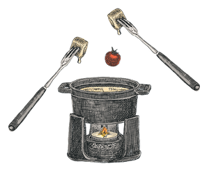  Illustration of a fondue set with two forks and a small pot over a flame on a transparent background 