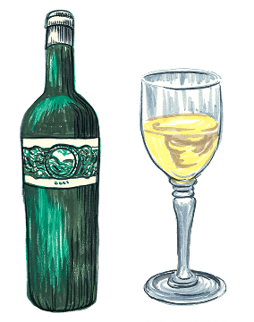 Illustration of a green wine bottle bottle and glass of white wine on a transparent background
