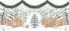 A festive hand-drawn winter holiday illustration showing snow-covered gingerbread houses, a central Christmas tree, candy canes, and green garlands arcing across the top. Weston Table.