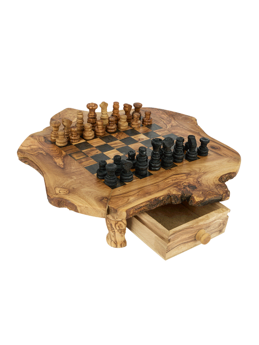 French Olive Wood Chess Board and Pieces Weston Table
