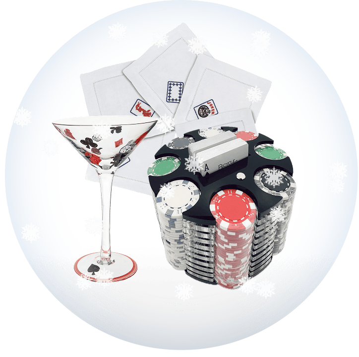 Poker chips, cocktail napkins, and a martini glass on a transparent background with snow.