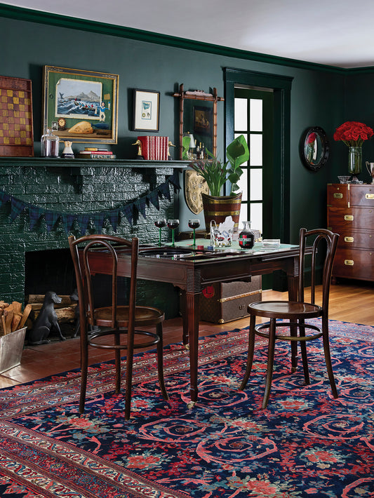 Landry & Arcari 1920s Hand Knotted Persian Navy & Coral Rug Weston Table