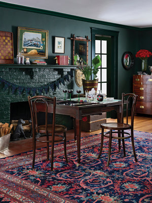  Landry & Arcari 1920s Hand Knotted Persian Navy & Coral Rug Weston Table 