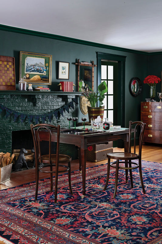 Landry & Arcari 1920s Hand Knotted Persian Navy & Coral Rug Weston Table
