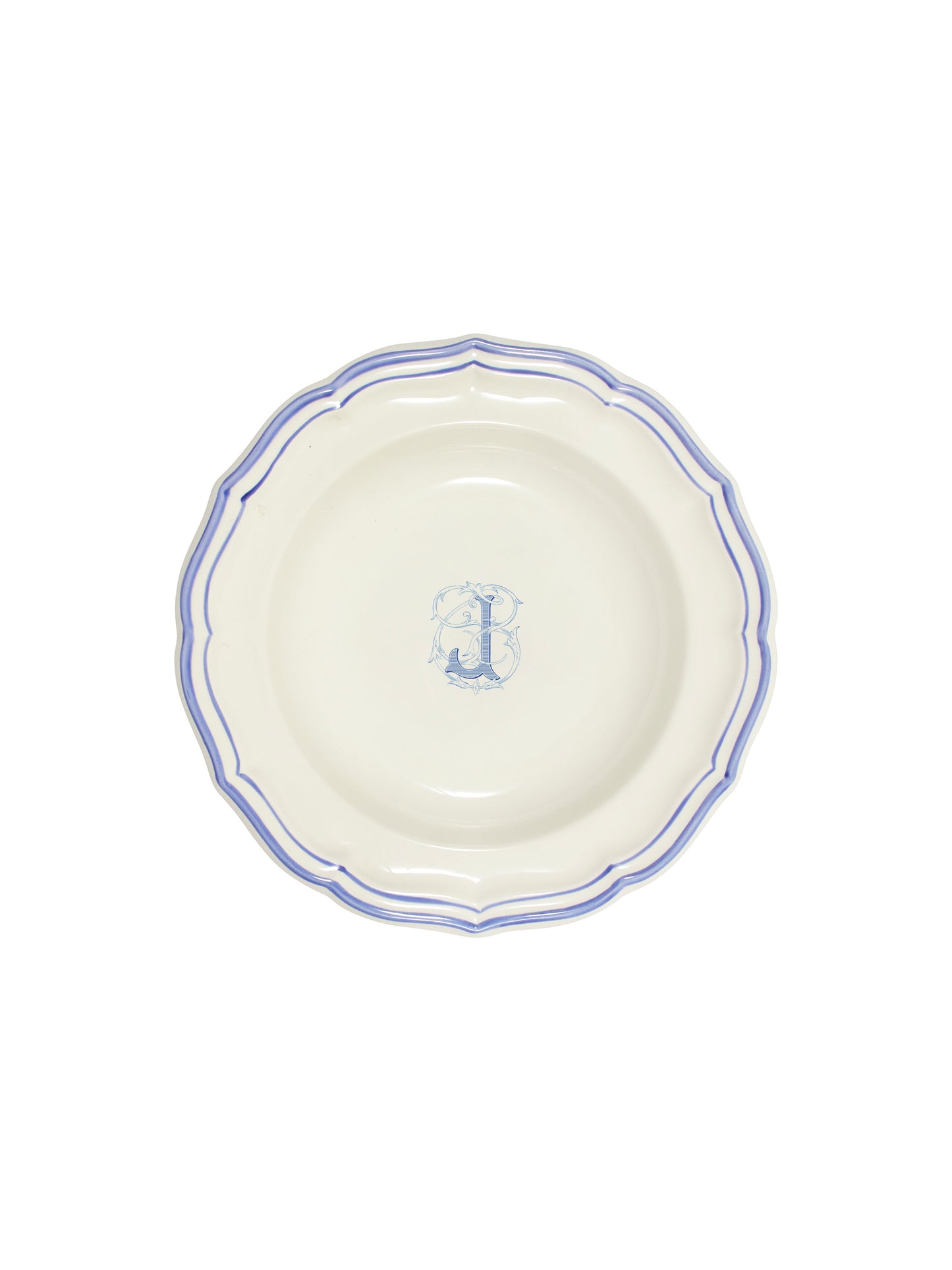 Gien Filet Bleu Monogram Soup Plate J Weston Table