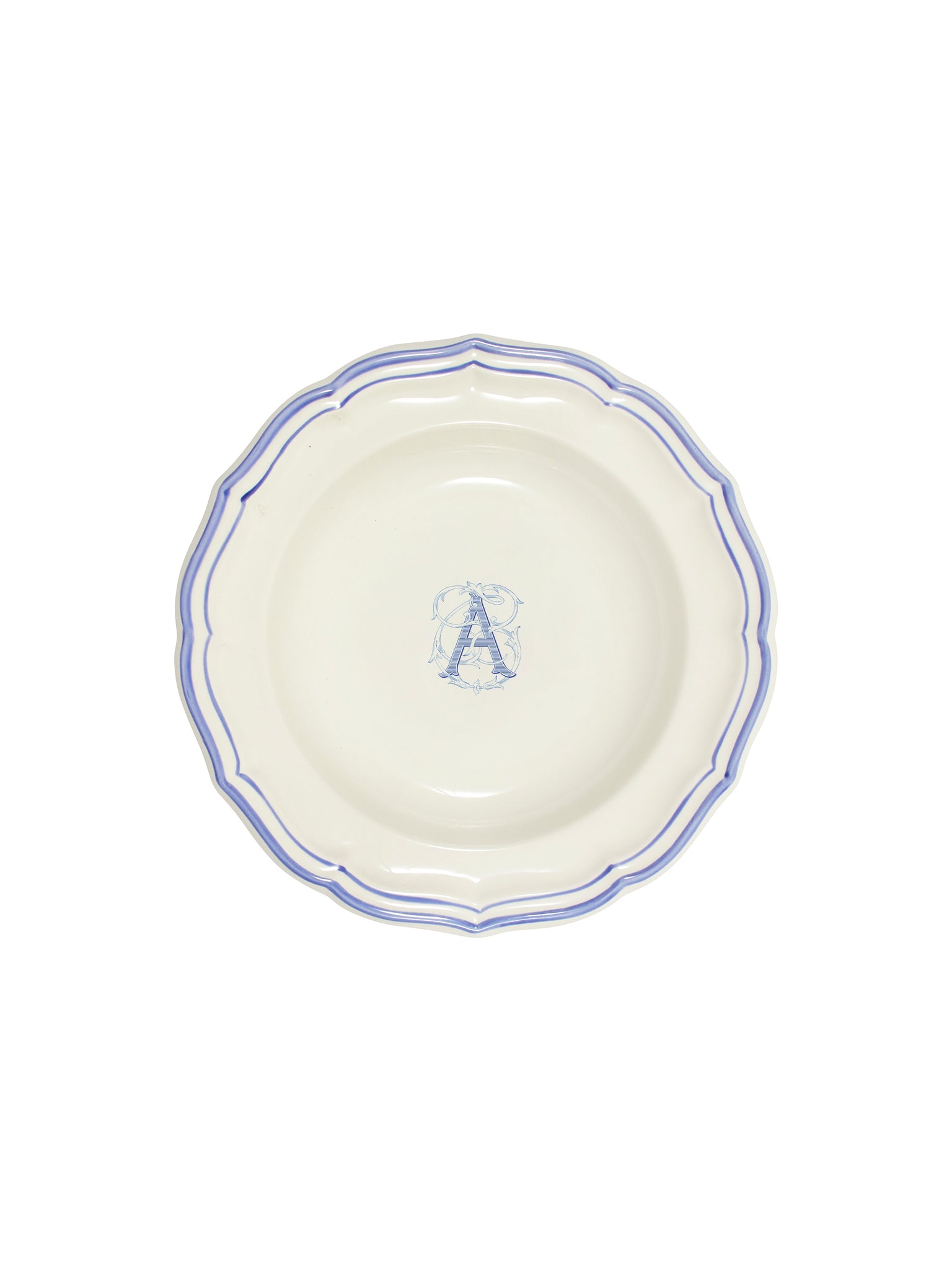 Gien Filet Blue Monogram Soup Plate A Weston Table