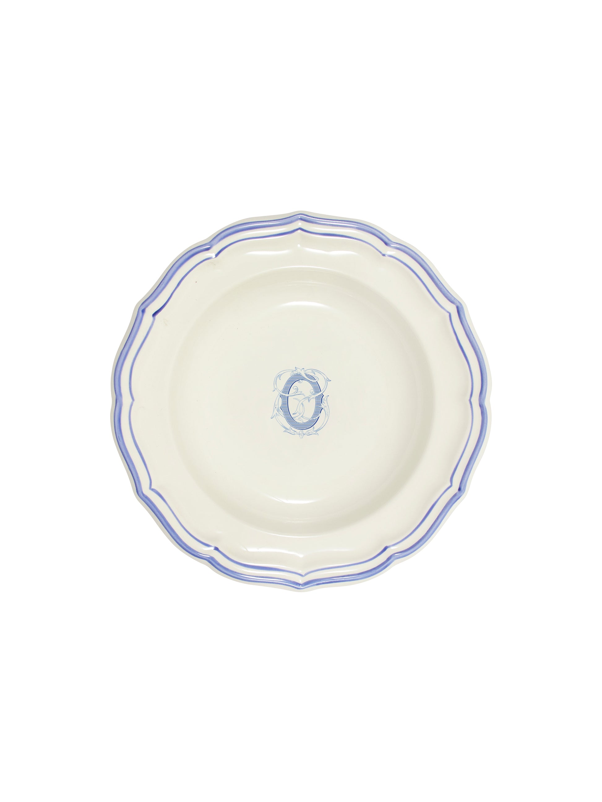 Gien Filet Blue Monogram Soup Plate O Weston Table