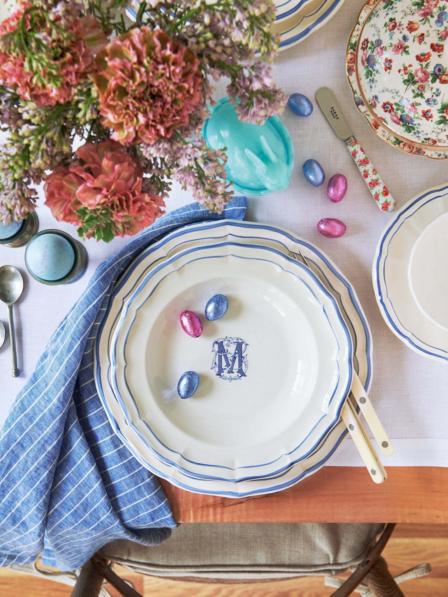 Gien Filet Blue Monogram Soup Plate Weston Table
