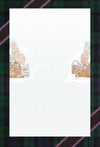 A white rectangular card or sheet with a winter holiday illustration, featuring gingerbread houses, snowy trees, and falling snow, centered on a dark green and purple plaid background. Weston Table.