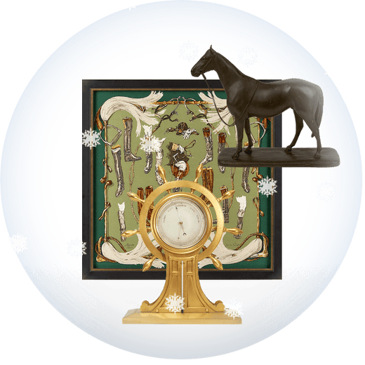 Vintage brass barometer with a an equestrian-themed vintage Hermes scarf and an antique Japanese horse sculpture on a transparent background with snow.
