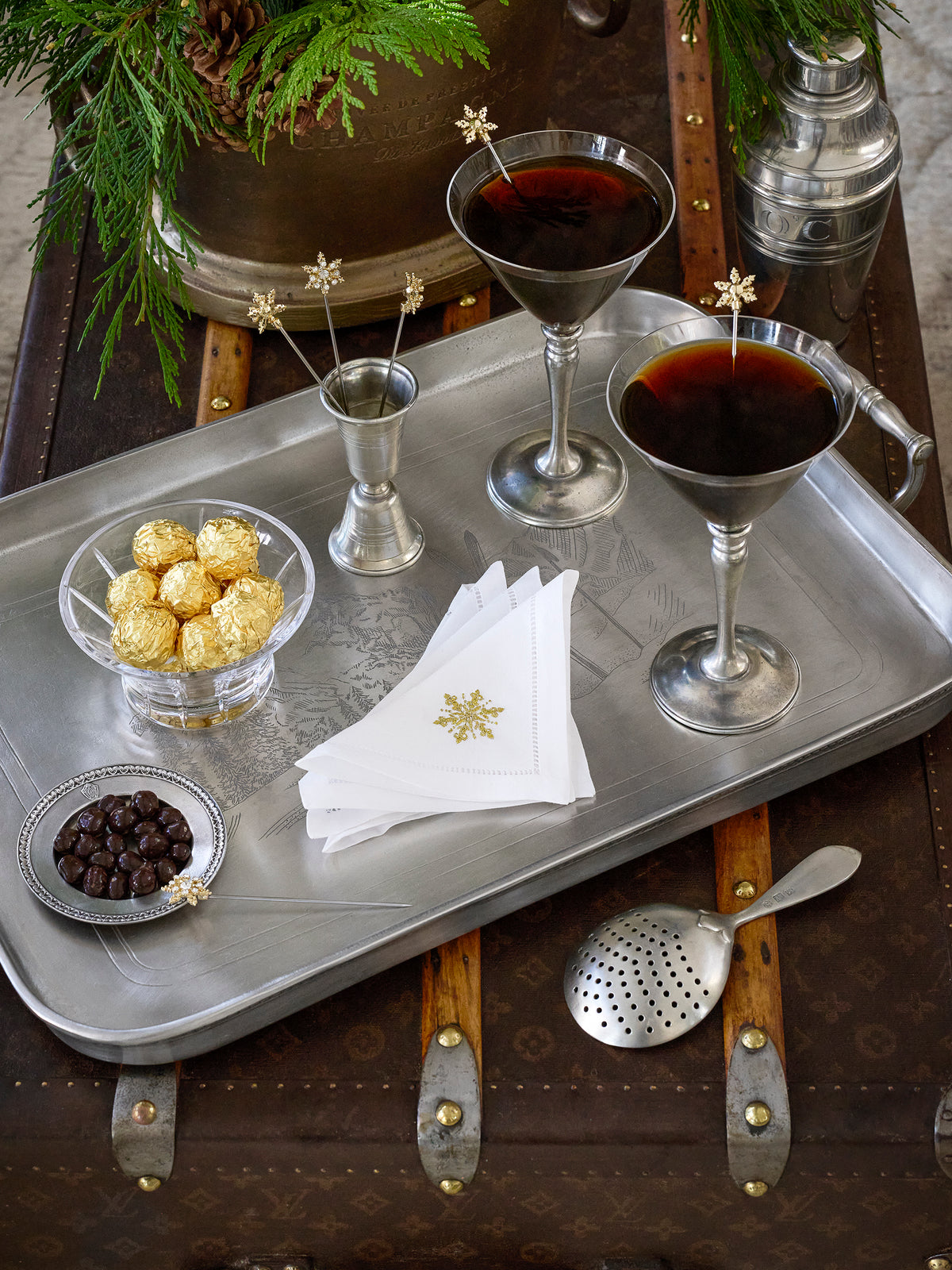 Embroidered Gold Snowflake Cocktail Napkin Set Weston Table