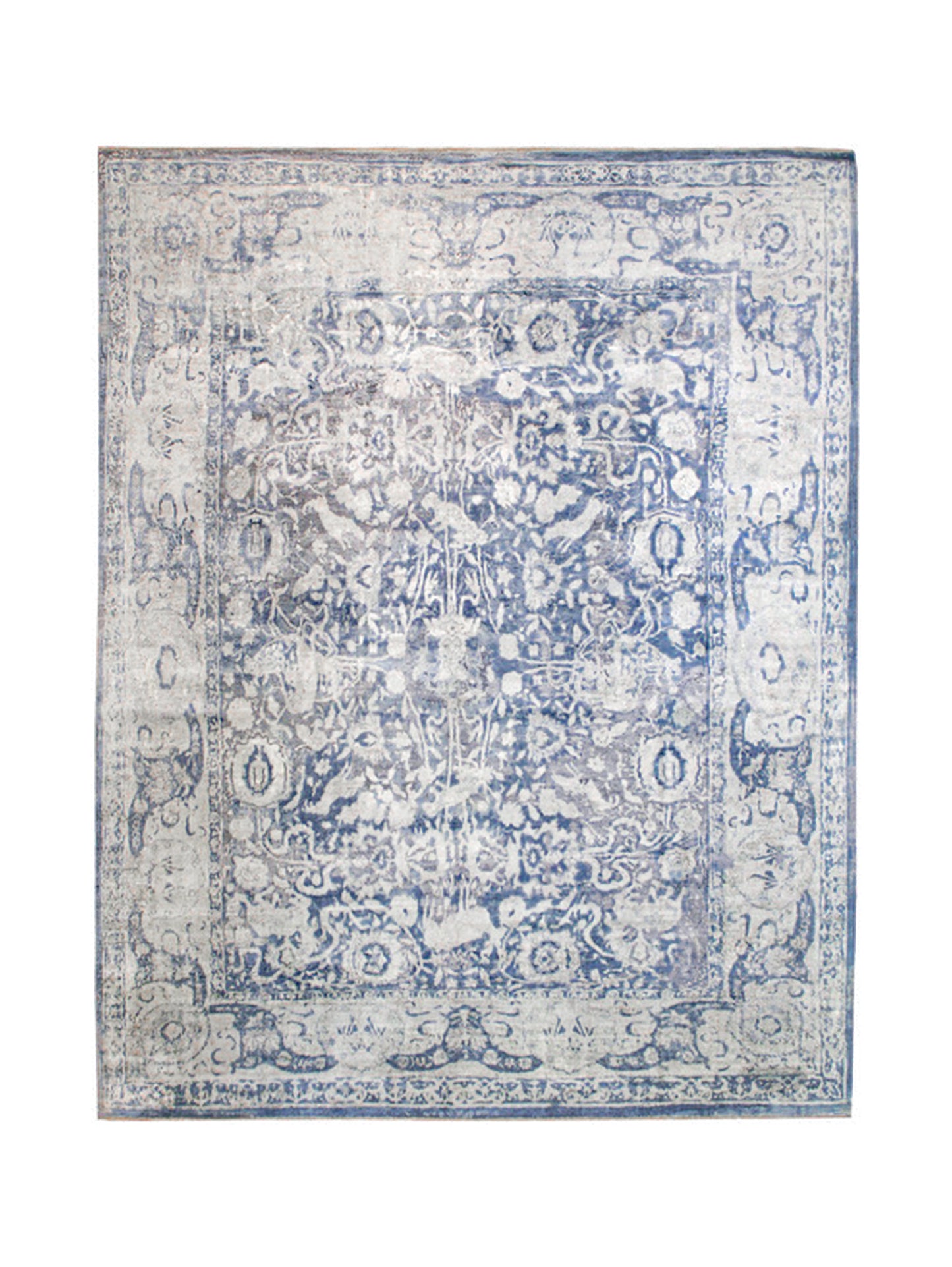 Heirloom Hand Knotted Blue and Silver Wool and Silk Rug Weston Table