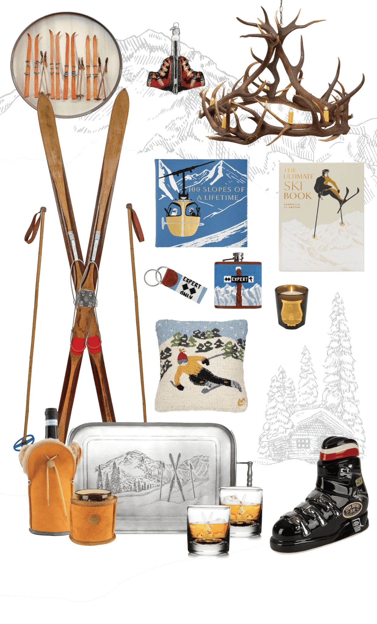Collection of winter-themed decorative items including vintage skis, an antler chandelier, books, ski-themed bar accoutrements, and Christmas ornaments on a transparent background.