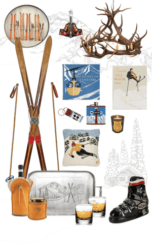  Collection of winter-themed decorative items including vintage skis, an antler chandelier, books, ski-themed bar accoutrements, and Christmas ornaments on a transparent background. 