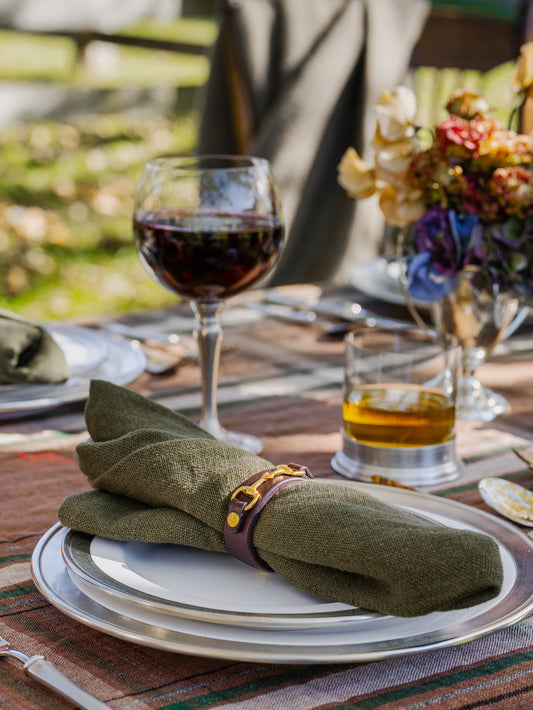 Horse Bit Leather and Brass Napkin Rings Set of Four Brown Weston Table