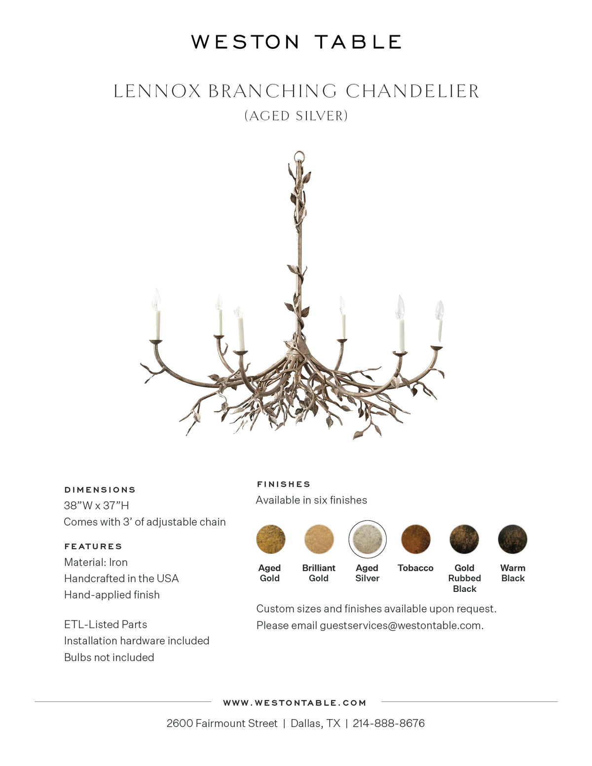 Lennox Branching Chandelier Aged Silver Weston Table