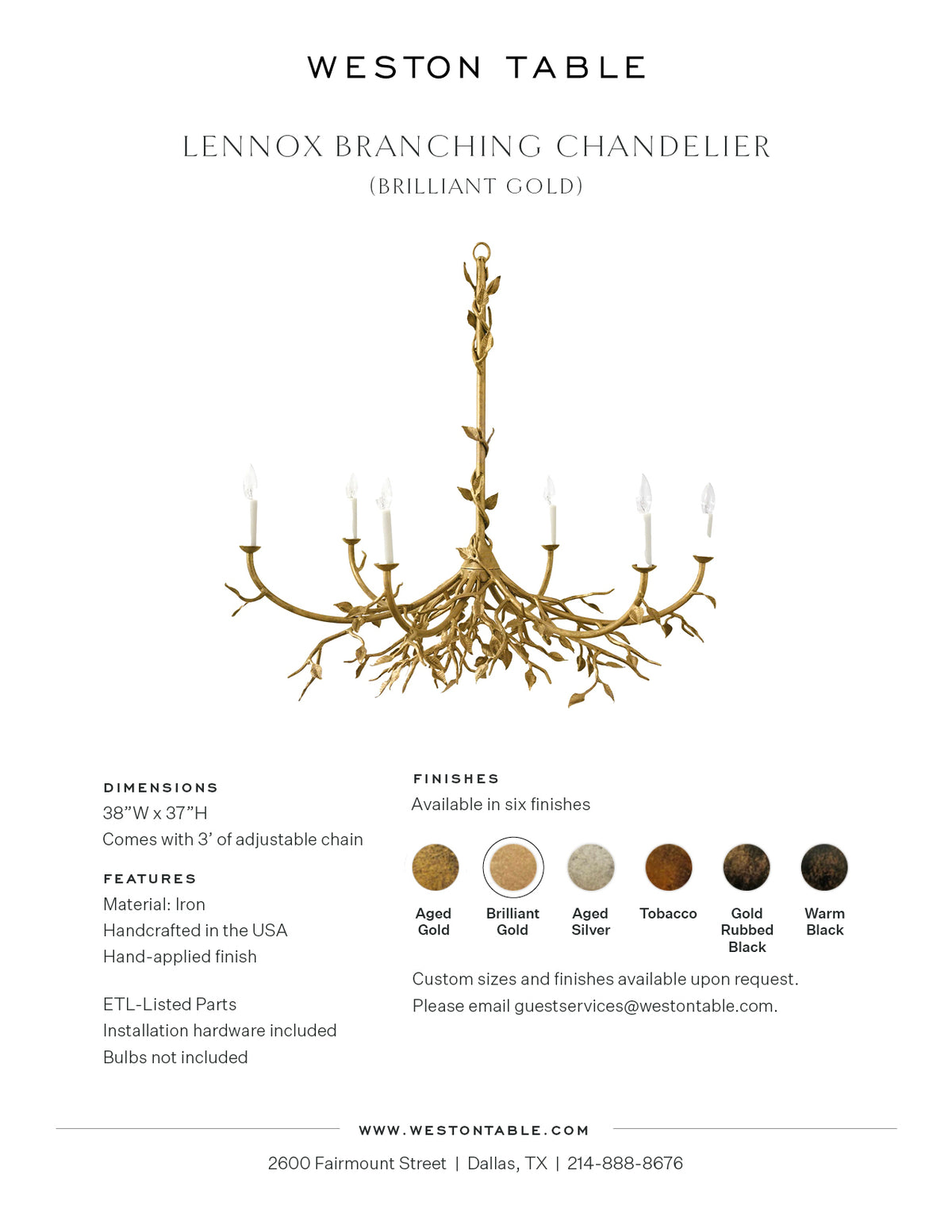 Lennox Branching Chandelier Brilliant Gold Weston Table
