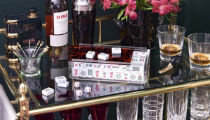  Glass bar cart with mahjong set and bar accoutrements. 