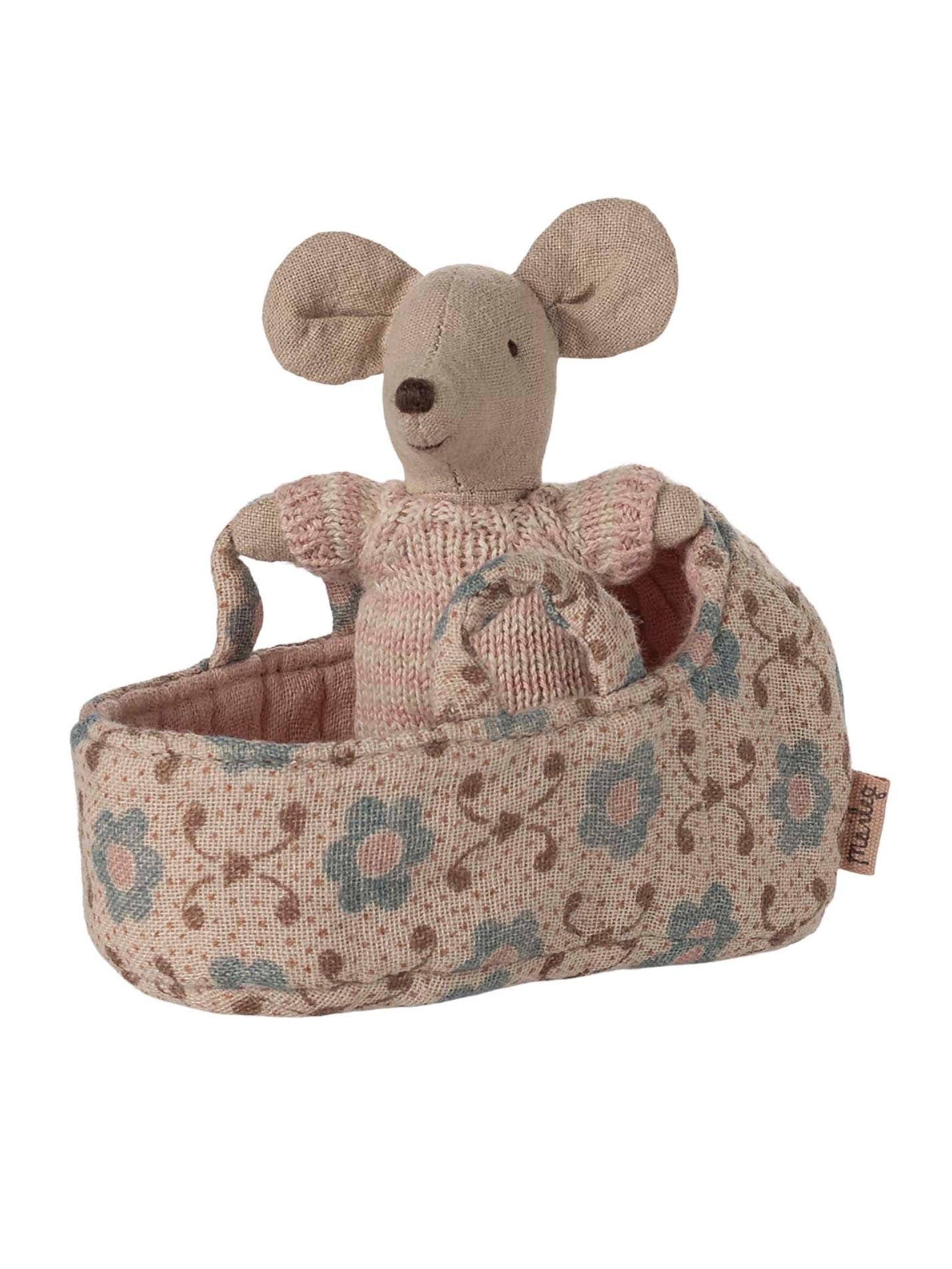 Maileg Baby Mouse in Carry Cot Rose Weston Table