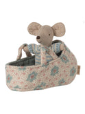 Maileg Baby Mouse in Carry Cot Blue Weston Table