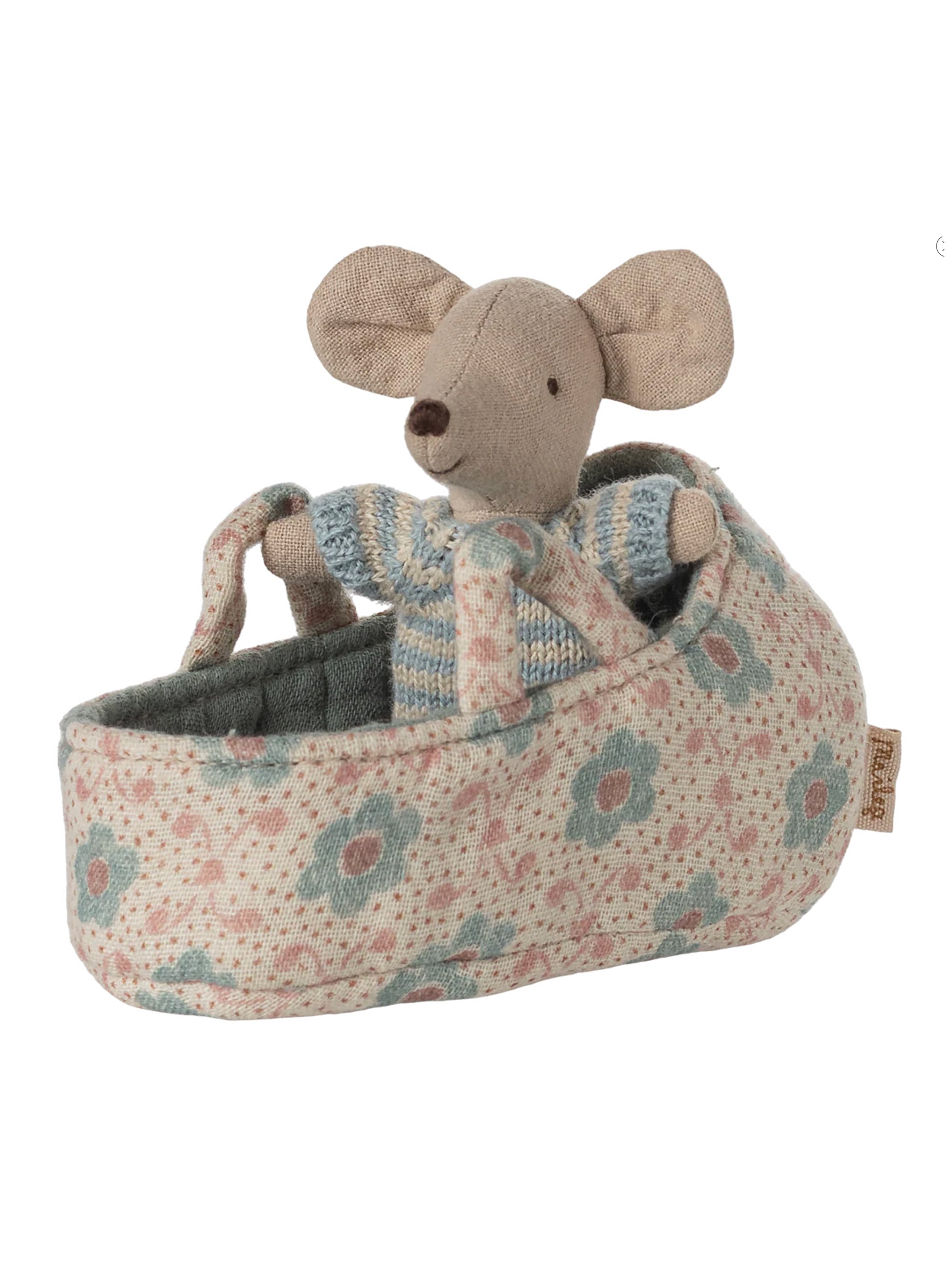 Maileg Baby Mouse in Carry Cot Blue Weston Table