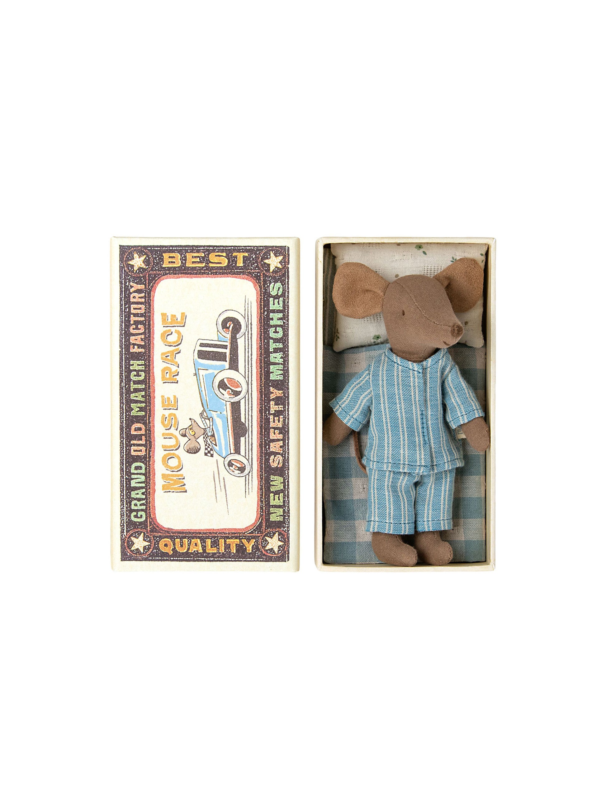 Maileg Big Brother Pajama Mouse in Matchbox Weston Table