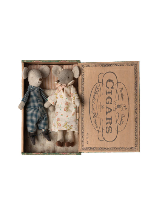 Maileg Grandpa and Grandma Mice in Cigarbox Weston Table