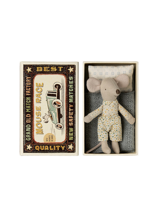 Maileg Little Brother Mouse in Matchbox Dotted Clothes Weston Table