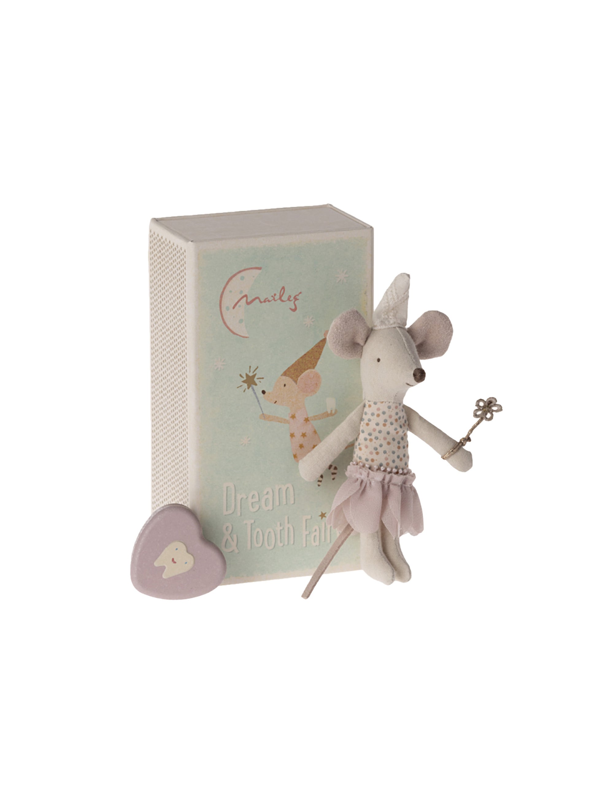 Maileg Little Sister Tooth Fairy Mouse in Matchbox Weston Table