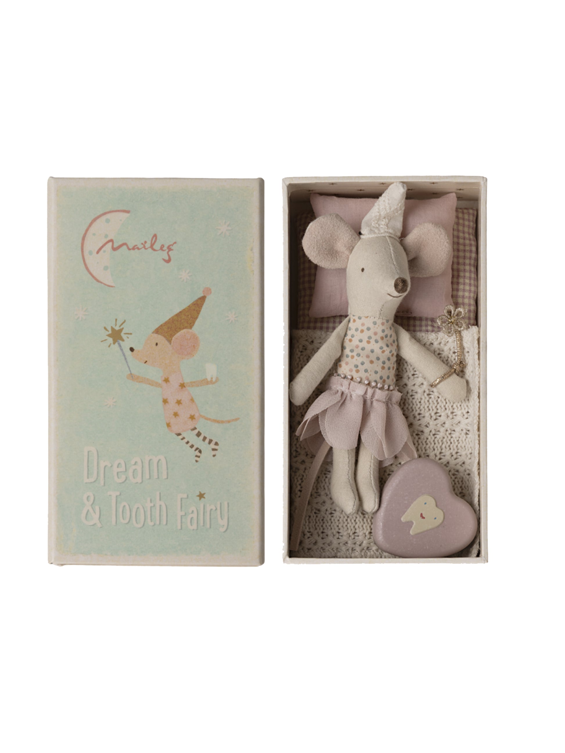 Maileg Little Sister Tooth Fairy Mouse in Matchbox Weston Table
