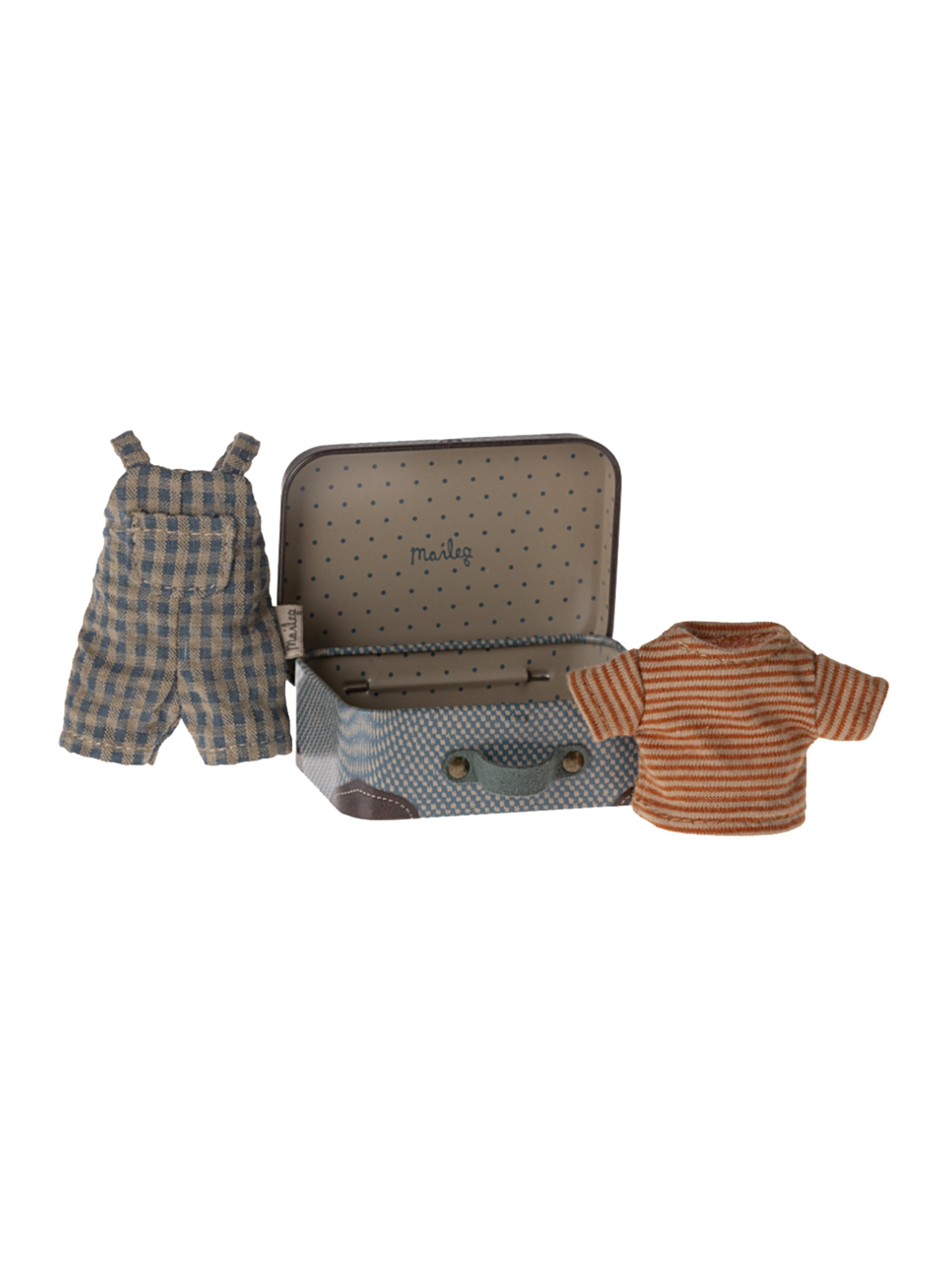 Maileg Big Brother Mouse Overalls and Shirt in Suitcase Weston Table