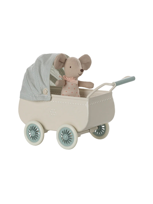 Maileg Micro Pram with Baby Mouse Mint