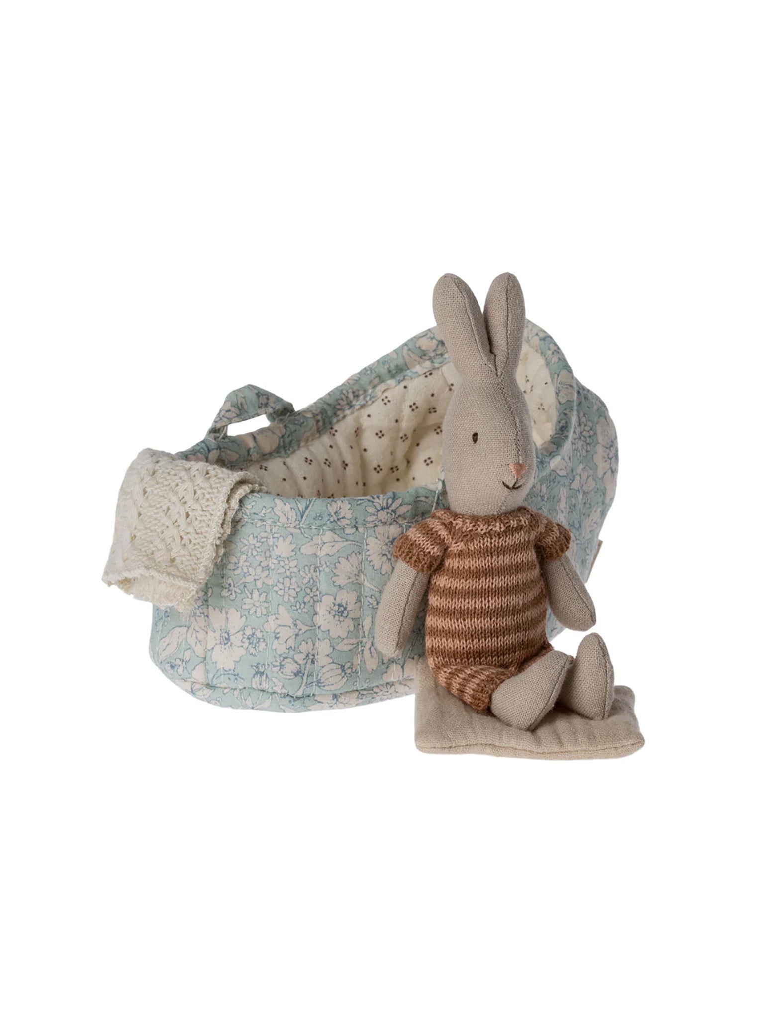 Maileg Rabbit in Carry Cot Micro Blue Weston Table