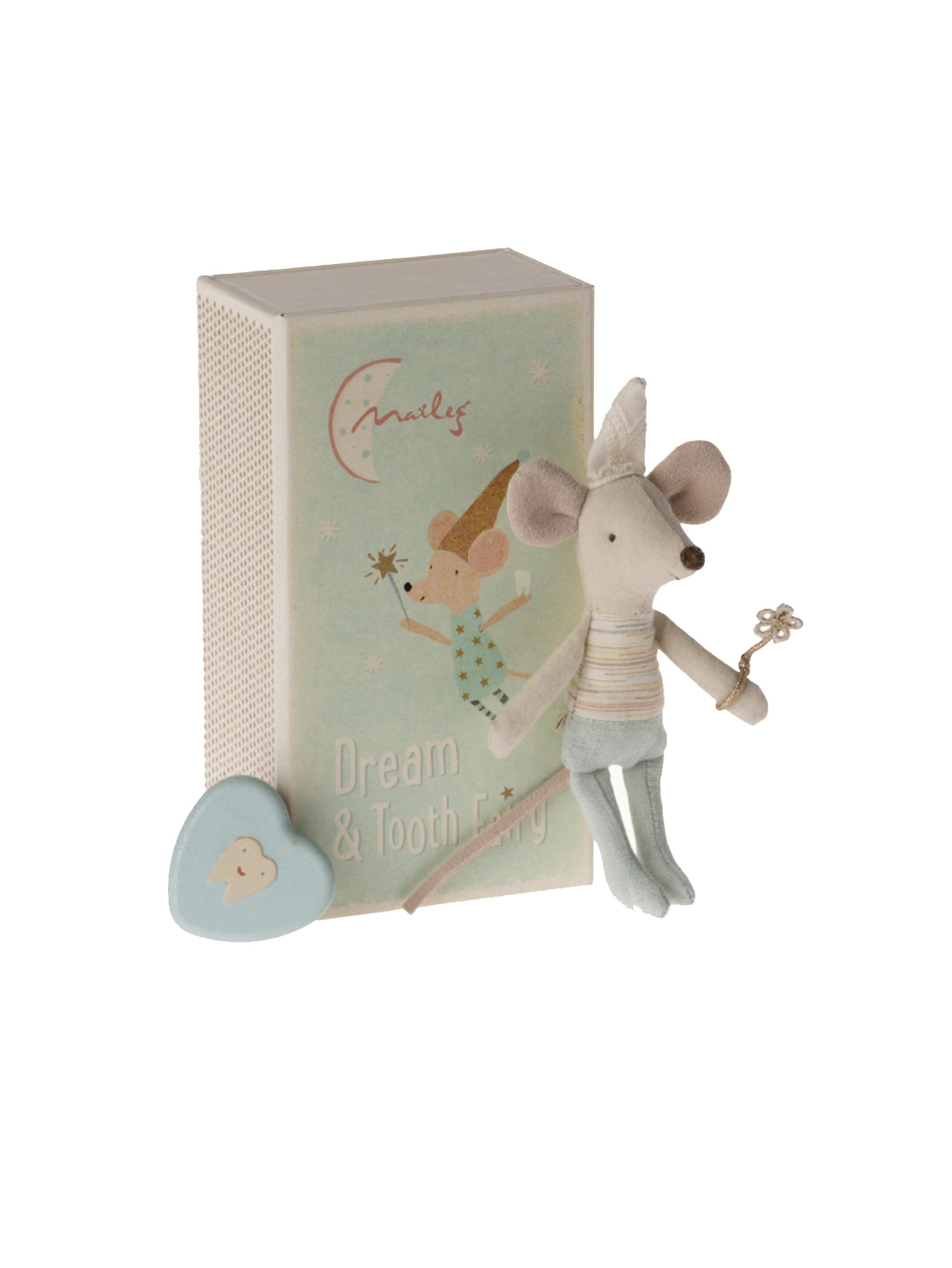 Maileg Tooth Fairy Little Brother Mouse in Matchbox Weston Table