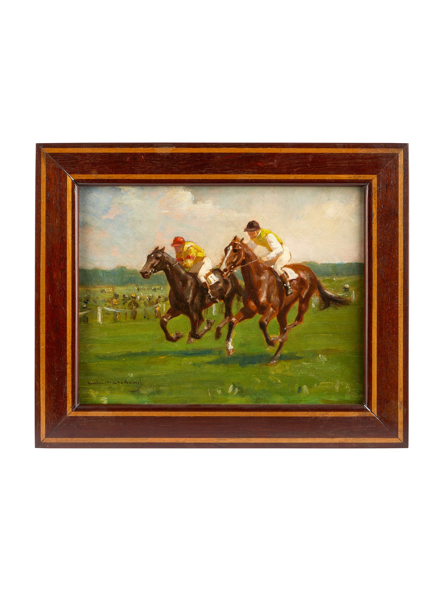 Mid Century Race Horses and Jockey Framed Oil on Panel Weston Table