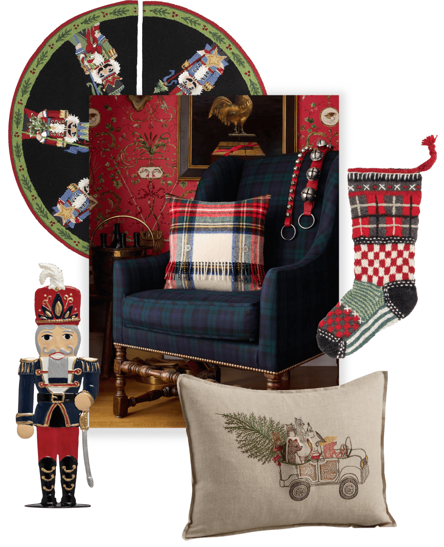 Collage of holiday decor including a tree skirt, a navy armchair, plaid pillow, stockings, and a nutcracker.
