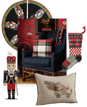  Collage of holiday decor including a tree skirt, a navy armchair, plaid pillow, stockings, and a nutcracker. 