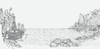 Black and white hand-drawn illustration of a coastal scene with a bottle, glasses, flowers, crabs, rocks, and mountains over water, leaving a large blank space in the center. Weston Table.