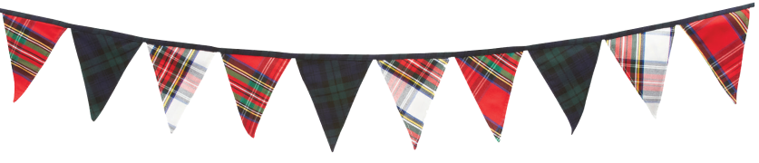 Plaid patterned flag bunting with red, green, and black colors.