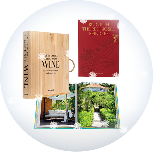 Collage of books with a wooden cover, a red book titled 'Rudolph the Red-Nosed Reindeer', and a book of lifestyle photos on a transparent background with snow.