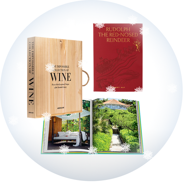 Collage of books with a wooden cover, a red book titled 'Rudolph the Red-Nosed Reindeer', and a book of lifestyle photos on a transparent background with snow.