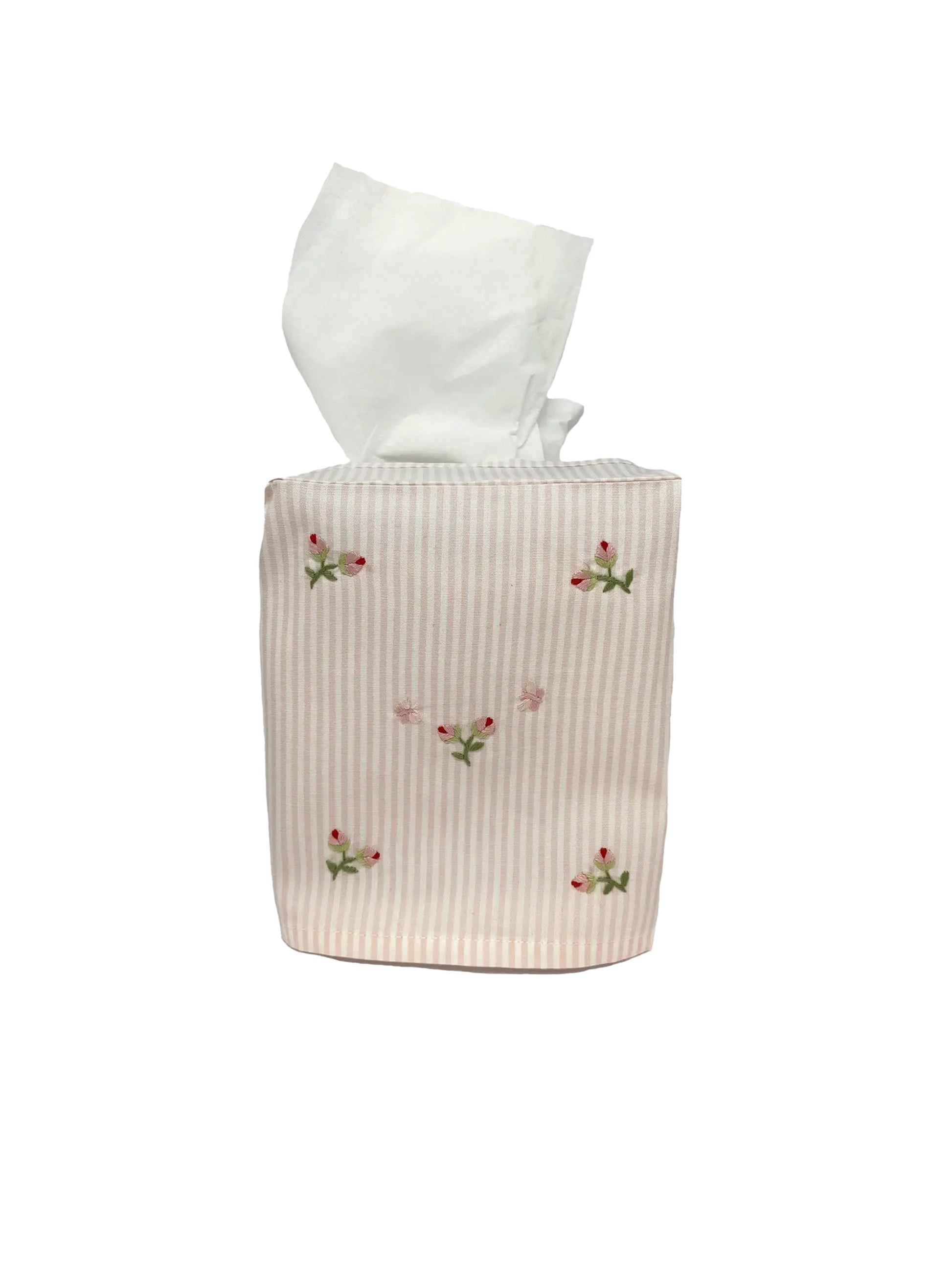 Rosebud Embroidered Pink Stripe Tissue Box Cover Weston Table