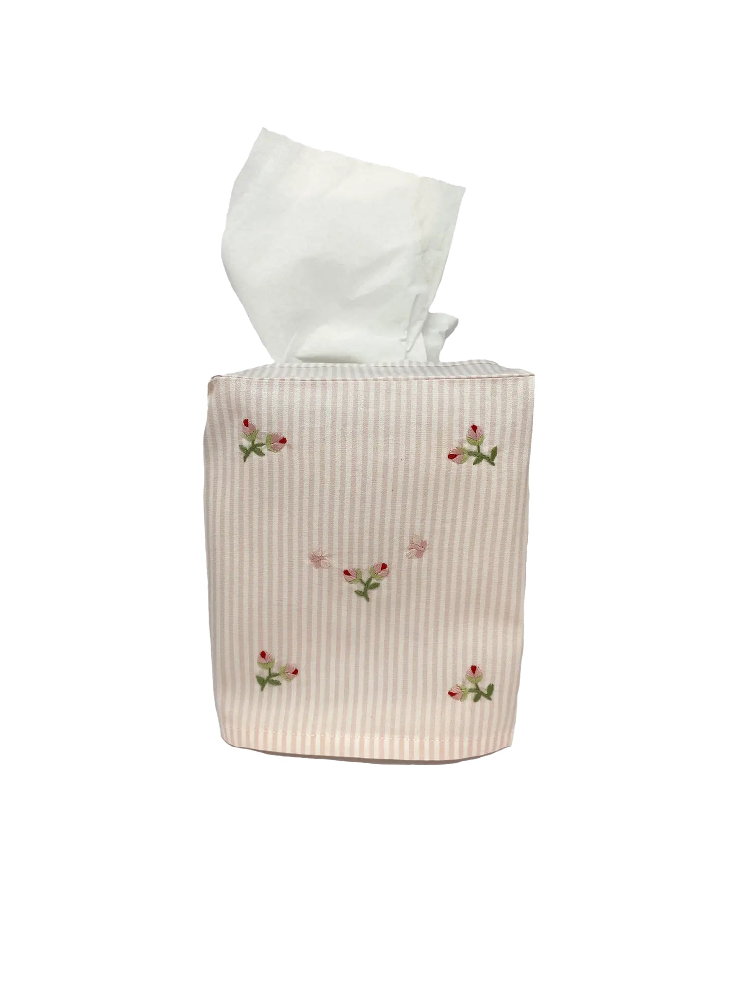 Rosebud Embroidered Pink Stripe Tissue Box Cover Weston Table