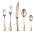 Set of silver cutlery including two forks, a knife, and two spoons on a white background.
