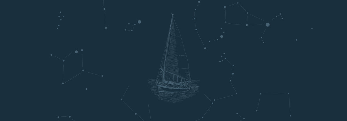 Sailboat illustration on a dark blue background with star constellations.