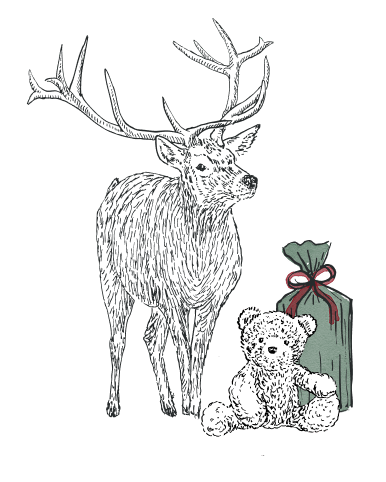 Illustration of a deer with large antlers, a teddy bear, and a gift on a transparent background